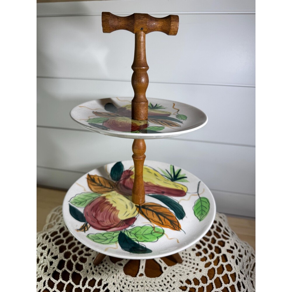 VTG MCM Royal Sealy Japan Tidbit Tiered Tray Painted Fruit Motif Teak Wood
